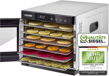 Дегідратор COSORI з нержавіючої сталі, дегідратор їжі з 50 рецептами, в т.ч. 6 лотків для дегідраторів з нержавіючої сталі, 3 решітки для дегідратора, 3 килимки для дегідратора, велика площа 0,6 м, таймер на 48 годин, світлодіодний дисплей (35-75C) і 650 