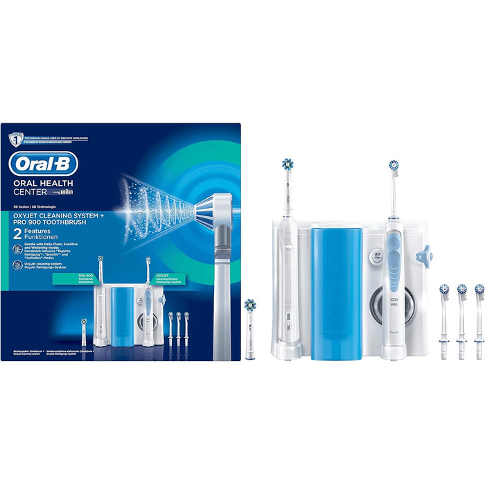 Набір систем очищення Oral-B Pro 900 Oxyjet, електрична зубна щітка, акумуляторна з іригатором для порожнини рота, 1 система очищення Oxyjet, 1 електрична зубна щітка, 4 змінні насадки Oxyjet, 2 щітки