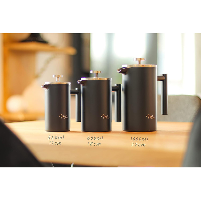Кавоварка для френч-пресу Milu 350 мл, 600 мл, 1 л Прес для кави з нержавіючої сталі, кавоварка для домашнього туристичного кемпінгу з підставкою, ложкою, змінним фільтром (чорний, 350 мл (2 чашки) Чорний 350 мл (2 чашки)