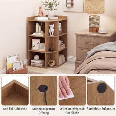 Кутова книжкова полиця COSTWAY із 3-рівневою зарядною станцією, кутова полиця з 9 відділеннями, 2 USB-портами та 4 розетками, полиця для зберігання речей для спальні, вітальні (натуральний колір)