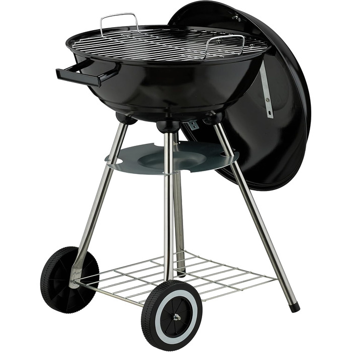 Вугільний гриль-куля, діаметр 44 см, решітка для грилю, гриль-куля з попільником, вугільний гриль на колесах, BBQ, чорний