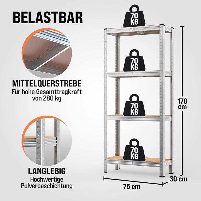 Міцний стелаж Monzana 2 шт. 170x75x30 см 560 кг 4 стелажі з МДФ Стелажі для зберігання Підвальні стелажі Безболтові стелажі Стелаж для майстерні