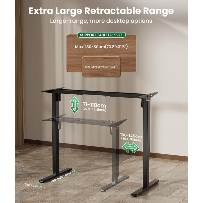 Електрична рама столу з регулюванням висоти з 2 потужними двигунами, регульована по висоті підставка з портом USB-C, функцією пам&39яті, 2 гачки, чорний колір