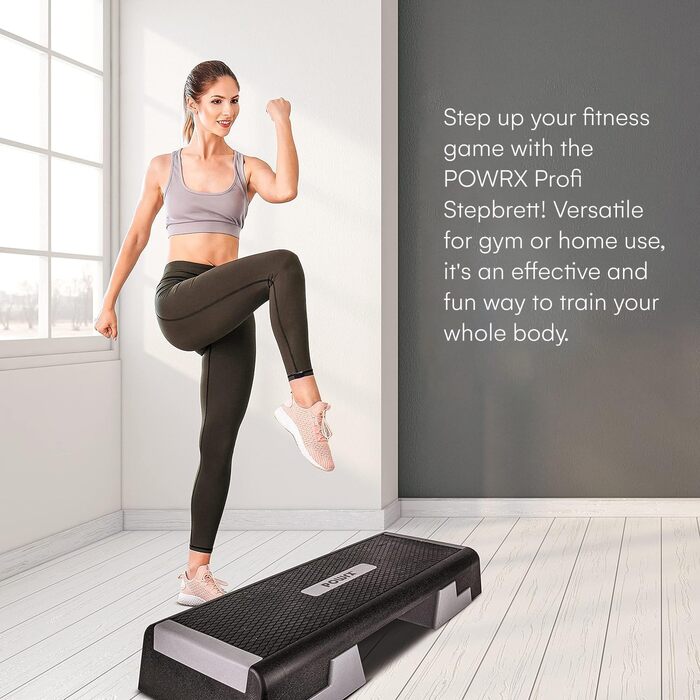 Професійний фітнес-степер POWRX Aerobics (89 x 34 см) Тренування на степері вдома або в тренажерному залі Регульована висота Нековзка поверхня Елегантний чорний колір