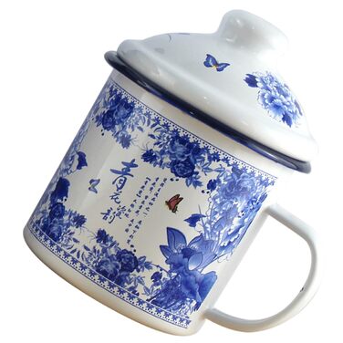 Емальована кружка 500 мл з кришкою та ручкою, синя вінтажна чайна кружка з товстої, безпечної для харчових продуктів емалі для дому, кемпінгу та використання на природі