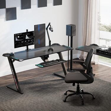 Ергономічний ігровий стіл Eureka 153 60 см, великий ігровий письмовий стіл зі світлодіодним підсвічуванням, ігровий ПК-стіл на карбоновому волокні