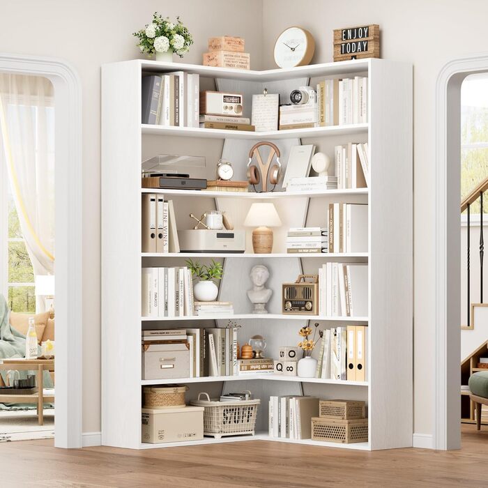 Кутова полиця FirFurd 190 см, книжкова шафа-ліжко, кутова книжкова шафа з 6 полицями, L-подібна кутова шафа, висока шафа, книжкова шафа, кутова вітрина для кабінету, вітальні, кухні, 90x90x190,5 см, білий