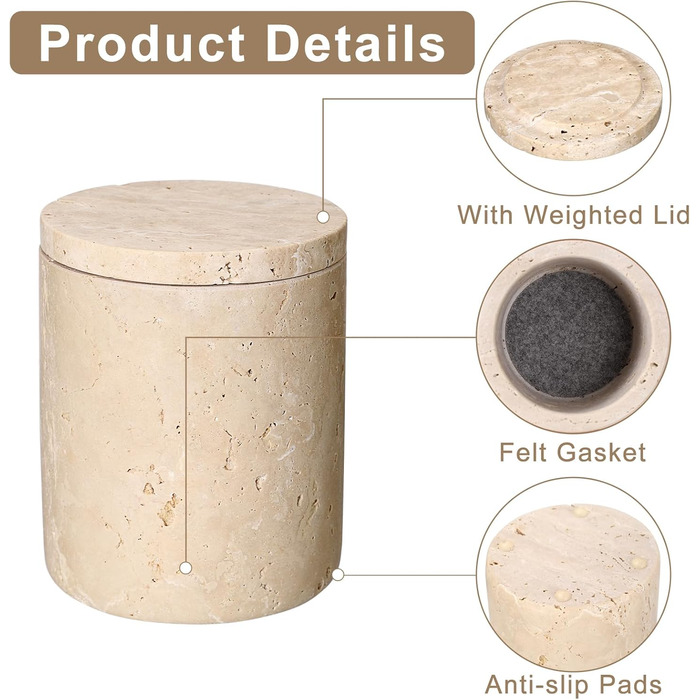 Травертиновий круглий сучасний ватний диск-диспенсер для ватних дисків з кришкою, тримач для макіяжу, для ванної кімнати, спальні, туалетного столика, раковини, готелю, офісу, жіночі подарунки (9,3x11,5 см)
