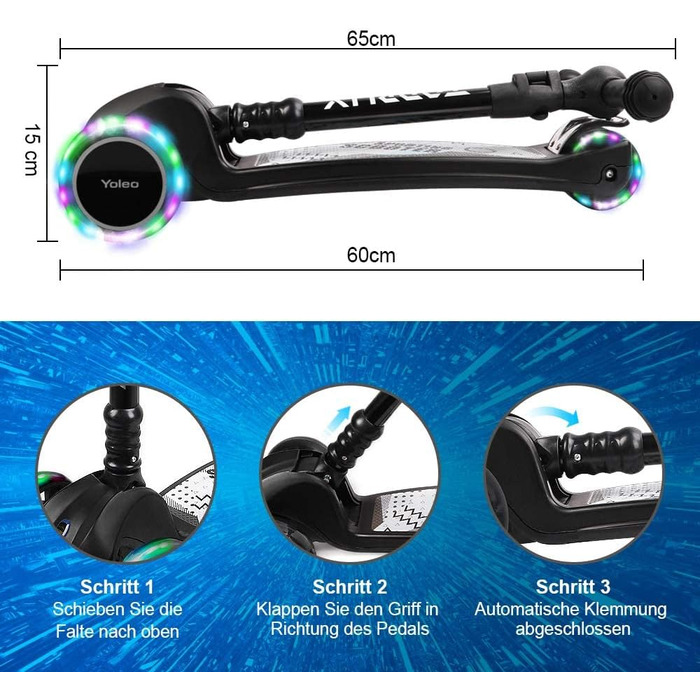Дитячий самокат YOLEO дитячий самокат триколісний самокат зі світлодіодними колесами, 2-колісні задні гальма, 4 регульовані по вис