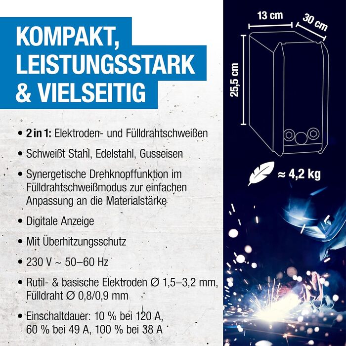 Зварювальний апарат CFH FSG 884 (120 А) MMA та Flux (без газу), з функціями Hot Start, Anti Stick та Arc Force, для електродів Ø 1,53,2 мм та порошкового дроту Ø 0,8/0,9 мм, товщина матеріалу до 4 мм