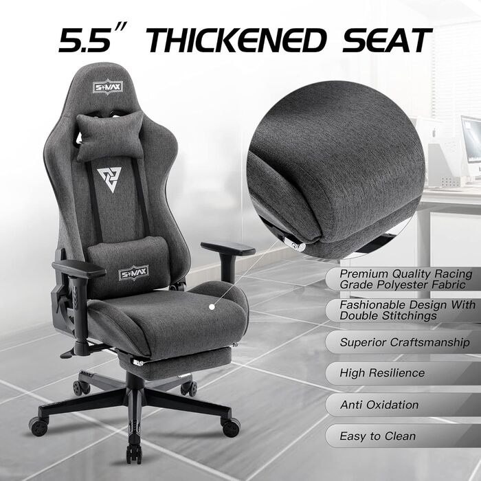 Ігрове крісло S*MAX, тканина, сірий колір з підставкою для ніг, потовщене сидіння, ігрове крісло, 3D підлокітники, крісло для відеоігор з високою спинкою, ергономічне ігрове крісло для дорослих, стандартне сіре