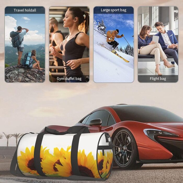 Спортивна сумка, дорожня сумка, сумка для подорожей, з принтом соняшників на дерев'яній текстурі, сумка на нічліг, чорна, універсальний розмір