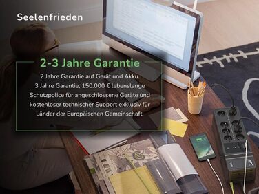 ДБЖ APC для дому, ДБЖ 1050 ВА з резервним живленням від акумулятора та автоматичним регулюванням потужності (ARV), 8 розеток Schuko CEE 7/3, (2) порти зарядки USB, джерело безперебійного живлення Back-UPS, BE1050G2-GR 1050 ВА/600 Вт