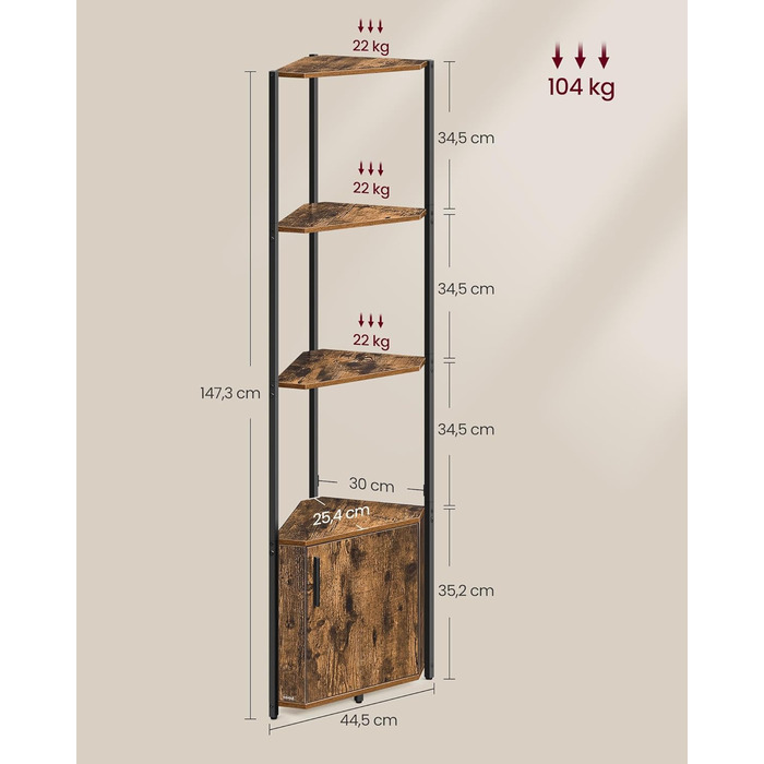 Кутова полиця VASAGLE з місцем для зберігання, окремостояча полиця, 5-ярусна полиця для зберігання, для вітальні, спальні, кухні, ванної кімнати, вінтажний коричневий-чорний LBC580K01 Вінтажний коричневий чорнильний