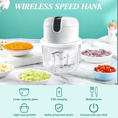 Подрібнювач кухонний електричний, міні-цибулева нарізка 250 мл з USB-портом, акумуляторна батарея для подрібнювача цибулі та лезо з нержавіючої сталі для подрібнення, нарізання та подрібнення (білий)