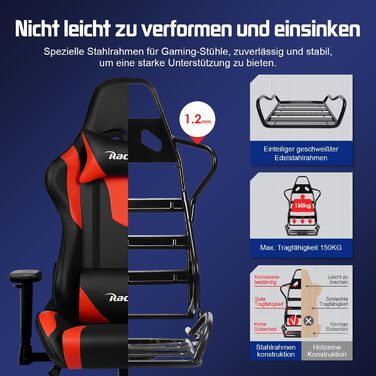 Геймерське крісло, ергономічне офісне крісло з регульованою поперековою опорою, підголівником та підлокітниками, м&39яке ігрове крісло, функція гойдання, вантажопідйомність 150 кг, червоне