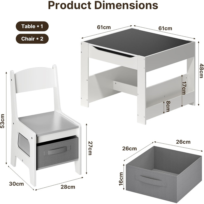 Дитячий стіл Xbro з 2 стільцями, дитячий стіл для малювання 4-в-1 з місцем для зберігання, багатофункціональний дерев&39яний дитячий комплект сидіння з книжковою полицею, для дітей віком від 3 років, 61,5 61,5 48 см, сірий