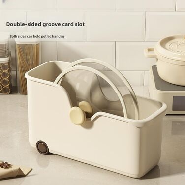 Кухонний ящик для зберігання, пластиковий, з колесами, для каструль та кришок, кутове відкриття, для двосторонніх пазів, 38 x 15 x 22 см, бежевий