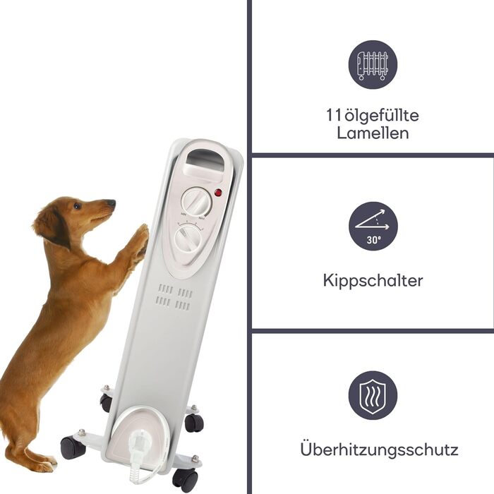 Масляний радіатор Perel потужністю 2500 Вт з 11 ребрами, 3 режимами нагріву, регульованим термостатом, ручкою, колесами, захистом від перегріву та перекидання, тихий та енергоефективний радіатор для великих приміщень площею до 30 м, 2500 Вт (стандарт)