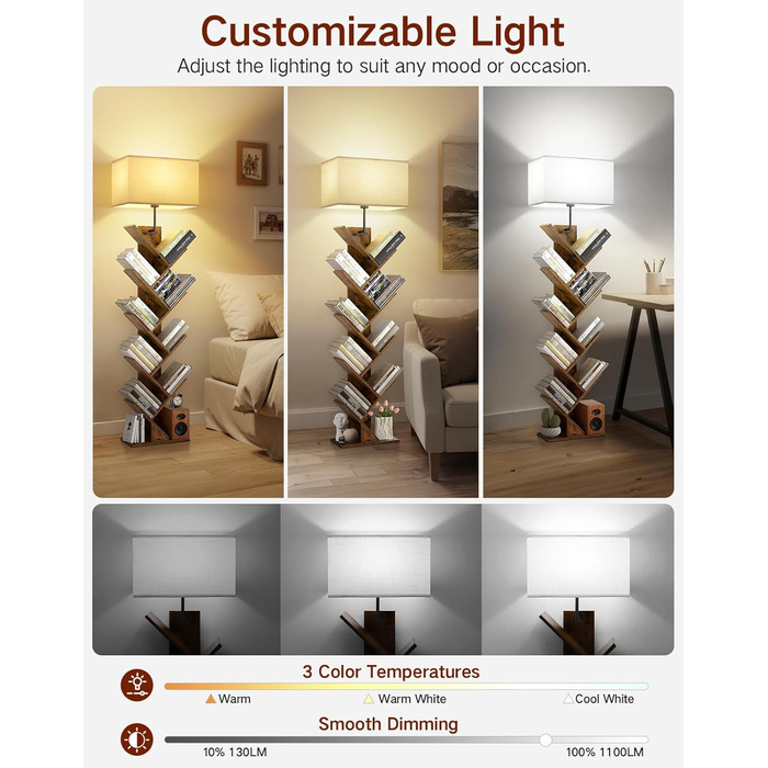 Книжкова полиця у формі дерева з підсвічуванням, 9-ярусна кутова полиця, пульт дистанційного керування та таймер, вузька дерев&39яна окремостояча полиця, невелика полиця для книг, CD та DVD, для вітальні, дитячої кімнати, офісу (колір рустик-коричневий)