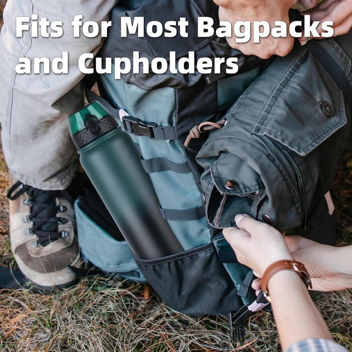 Пляшка для води OLDLEY з нержавіючої сталі з трубочкою 1 л, ізольована, з 3 кришками, велика термос 1 літр, герметична, зберігає тепло та холод, для спорту, тренажерного залу, кемпінгу, їзди на велосипеді (темно-зеленийчорний, 3 кришки) темно-зеленийчорни