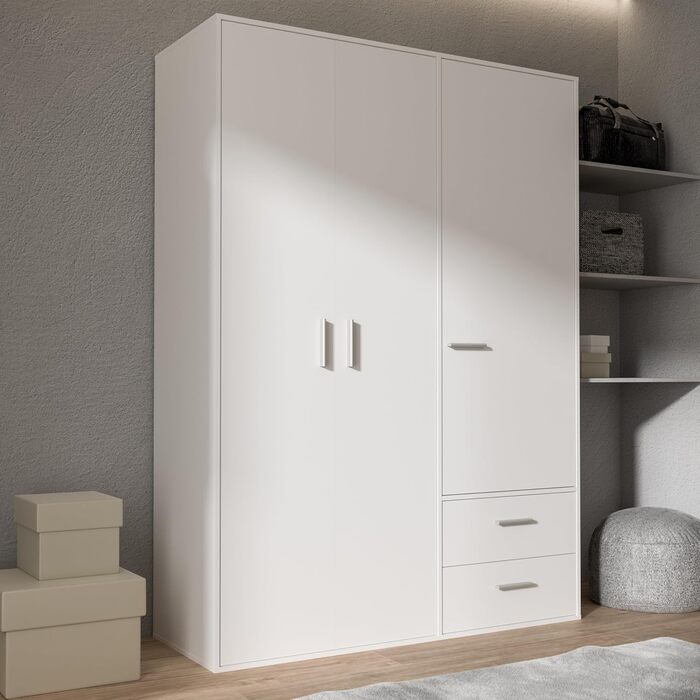 Шафа 140 150, біла шафа, шафа з орними дверима, 3 двері, з 2 шухлядами та полицями, біла, 145 см завширшки x 53 см завглибшки x 200 см заввишки. Біла 145 x 200 x 53 см, 3 двері