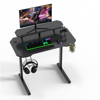 Ігровий стіл, ігровий стіл 100 x 55 см, ПК-стіл, геймерський стіл з вуглецевим волокном, стабільний комп&39ютерний стіл з підсклянником, гачком для навушників та знімним кронштейном 100 x 55 x 75 см L-подібний