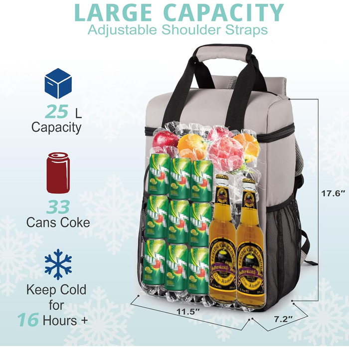 Рюкзак-холодильник з м&39якою ручкою для перенесення, легкий та утеплений, герметичний, великої місткості ідеально підходить для жінок та чоловіків для пляжу, кемпінгу, пікніків, риболовлі та походів, сірий