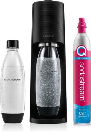 Нагрівач газованої води SodaStream Terra, з 1-літровою багаторазовою пляшкою для води без BPA для карбонізації та газовим балоном Quick Connect CO2 об'ємом 60 літрів - чорний