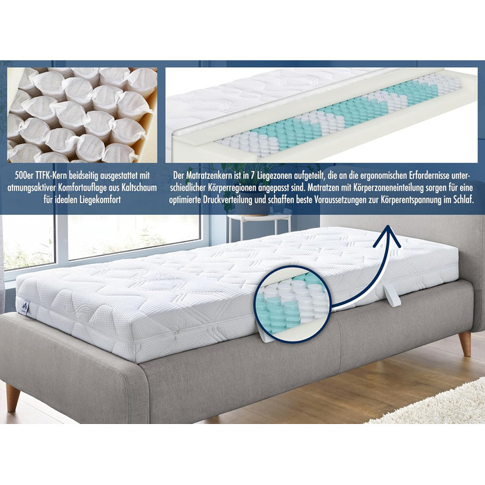 Ортопедичний 7-зонний матрац Irisette Lotus 500 з пружинами кишенькової форми, рівень жорсткості 3 (середньо-жорсткий), 100 x 200 см, сертифікований Oeko-Tex, виготовлений відповідно до німецьких стандартів якості. Рівень жорсткості H 3 - середньо-жорстки