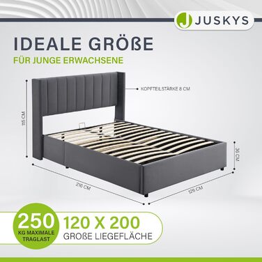 Ліжко Juskys Savona з м&39якою поверхнею 120x200 см, ліжко з місцем для зберігання, рейкова основа, оксамитовий чохол, дерев&39яний каркас ліжка, до 250 кг, велике узголів&39я, темно-сірий колір 120 x 200 см