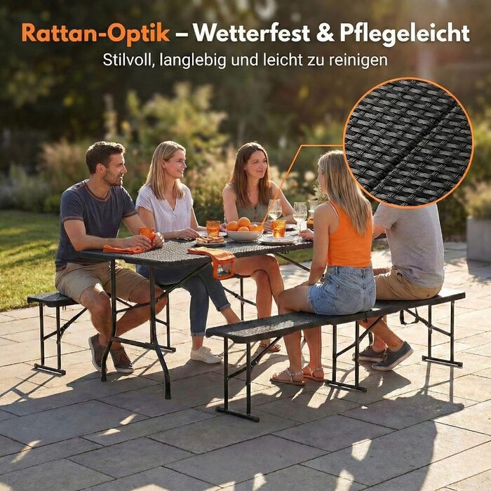 Складаний пивний садовий набір ALBATROS, 3 предмети Міцний розкладний стіл (300 кг) та 2 пивні лавки (500 кг) Комплект пивних столів на 10 осіб Стіл для кемпінгу на вулиці Пивний стіл 182 см Комплект садових меблів