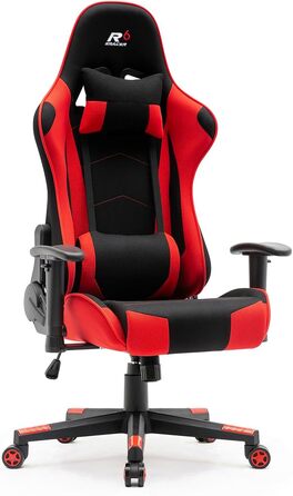 Тканинне ігрове крісло SRACER R6, ігрове крісло до 130 кг, гоночне крісло з підголівником, з поперековою опорою, з 2D підлокітниками, чорно-червоне