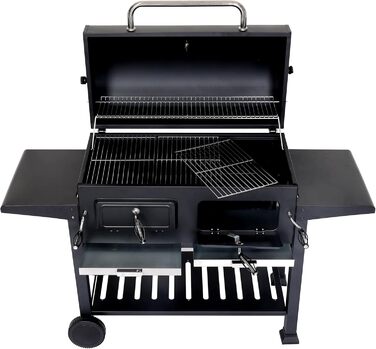 Мангал HWC-K94, візок для барбекю BBQ садовий з кришкою-поличкою, емальована сталь 110x153x60см чорний