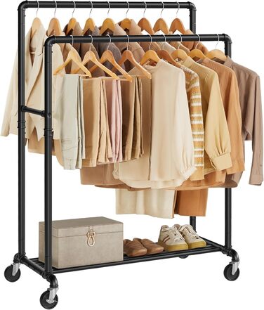 Вішалка для одягу SONGMICS, Штанга для одягу, Гардеробна підставка з 2 шт. ангами для одягу та полицею, Колеса, Вантажопідйомність до 110 кг, Промисловий дизайн, для спальні, Гардеробної, Чорний HSR60B Чорна одинарна рейка