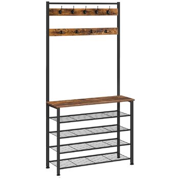Вішалка для одягу HOOBRO, Вішалка для взуття з шафою, Вішалка для одягу з місцем для зберігання взуття, Шафа для взуття з 5 полицями, для передпокою, Темно-коричневий EBF80MT01G2 80 x 32 x 190 см (Д x Ш x В) Вінтажний коричневий чорний