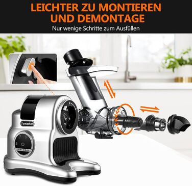 Соковижималка AMZCHEF з великим жолобом подачі 80 мм - Соковижималка 150 Вт Повільна соковижималка з 2 режимами швидкості та функцією повернення - Соковижималка для цілих овочів та фруктів Переможець тесту - Silver Juicer Silver