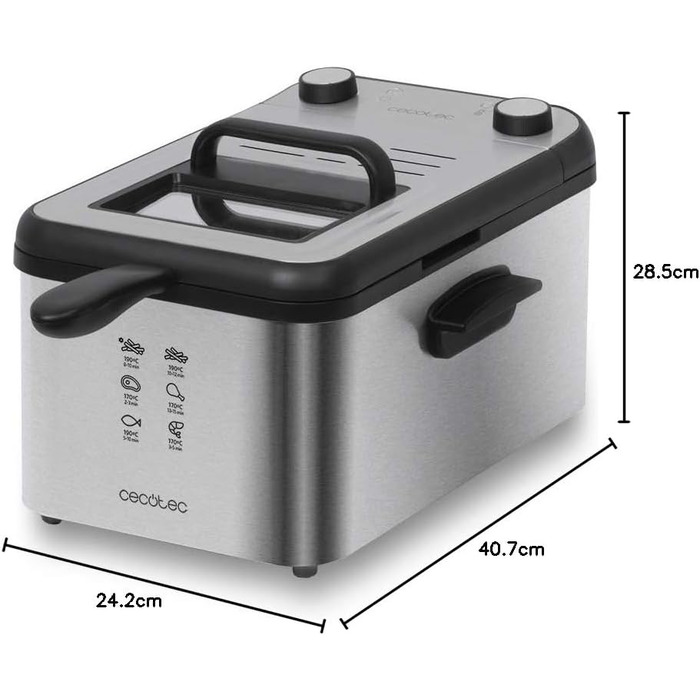 Електрична фритюрниця Cecotec CleanFry Infinity - ємність 1,5 л- 4 л, фільтр OilCleaner, температура до 190C, ванна підходить для посудомийних машин. (Повністю нержавіюча сталь, 3 літри) Повністю нержавіюча сталь 2400 Вт 3 л