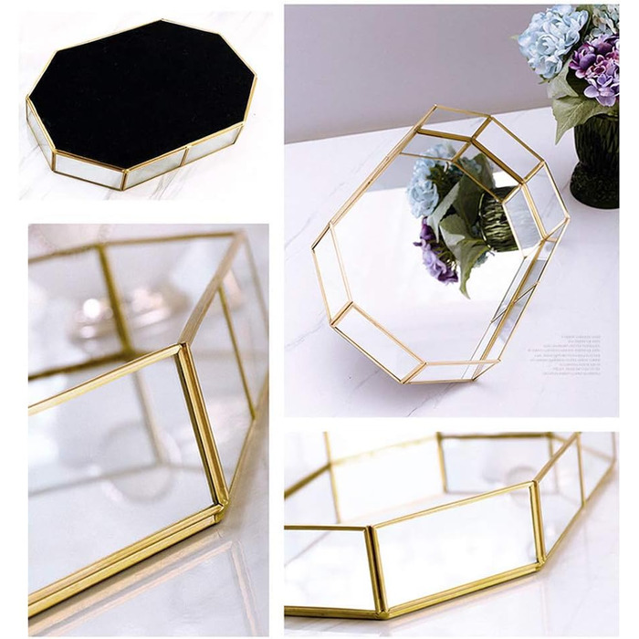 Скляний піднос Hggzeg золотистого кольору, багатокутний металевий, декоративний піднос, піднос для ювелірних виробів, парфумів, органайзер, піднос для макіяжу для туалетного столика, комода, ванної кімнати, спальні (маленький)