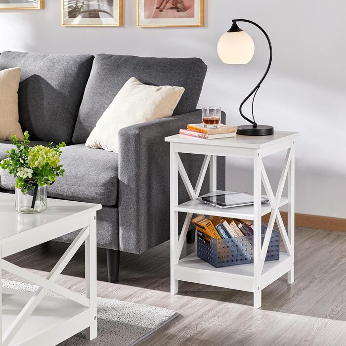 Приліжковий столик 3 яруси Приліжковий столик з Х-подібними ніжками Диванний столик Журнальний столик для спальні та вітальні, 40x40x61 см, Білий/Розкішний сад