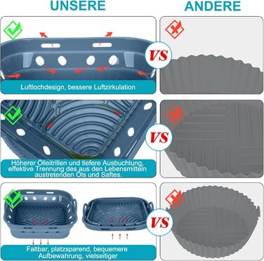 Силіконова форма Аерофритюрниця Квадратна силіконова фритюрниця Аксесуари 22 см Складна аерофритюрниця Форма для випічки Дизайн циркуляції повітря, Харчовий клас, Легкий догляд (Набір 1, СинійЗелений) Квадрат 22 см СинійЗелений