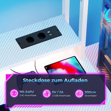 Ігровий стіл Coleshome з полицями та шухлядами, 13748 см Ігровий стіл зі світлодіодним освітленням та розеткою, комп&39ютерний стіл з полицями та підставкою для монітора, вуглецеве волокно білого кольору Карбонове волокно білого кольору 13748 см