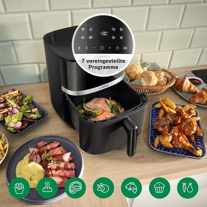 Аерофритюрниця Bosch Serie 4 XL, чорна, об'єм 6,1 л, 7 попередніх налаштувань, функції розморожування та підігріву, сенсорний екран, прискорене приготування до 60, MAF462B0