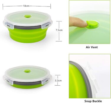 Кругла складна кемпінгова миска об&39ємом 1200 мл, силіконовий контейнер для зберігання їжі, силіконова миска з кришкою та складною ложкою 2-в-1, придатна для використання в морозильній камері та мікрохвильовій печі, зелена.