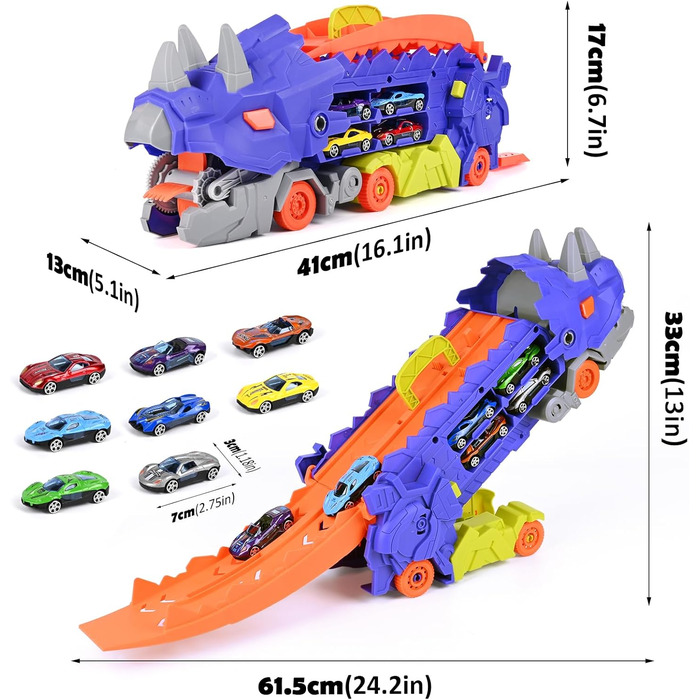 Транспортна вантажівка іграшкові автомобілі, портативний динозавр гоночний трек вантажівка іграшка з 6 гоночних автомобілів, перевізник вантажівка транспортні засоби іграшковий набір для дітей для хлопчиків 3 4 5 6 7 років