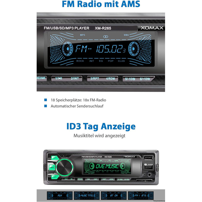 Автомагнітола XOMAX XM-R265 з системою гучного зв'язку Bluetooth I Функція заряджання смартфона через 2-й USB-порт I Carbon Optic I 7 світлодіодів з регулюванням кольорів I RDS I USB, SD, MP3, AUX I 1 DIN