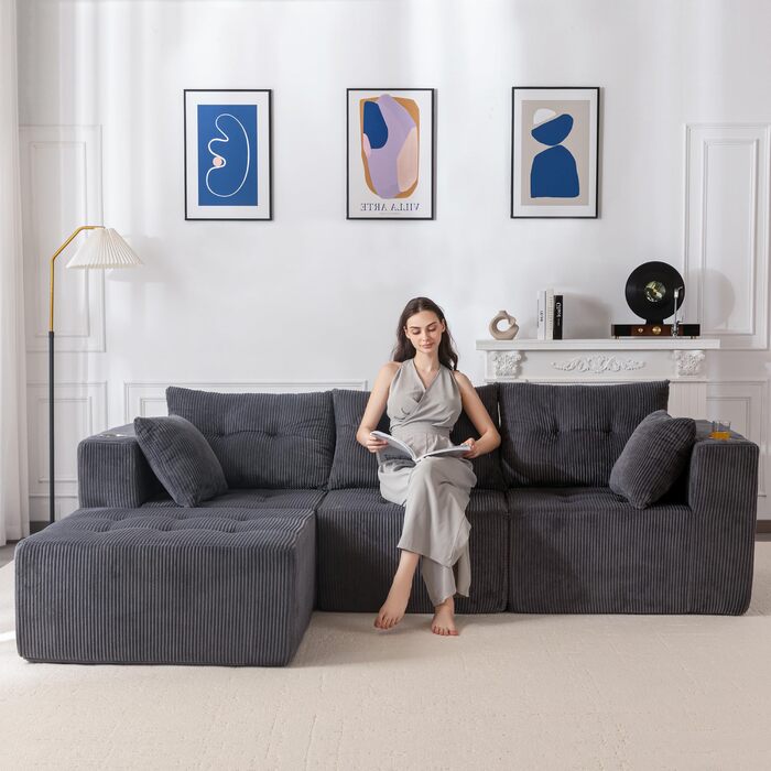 Кутовий диван MAXYOYO з вельвету з підсклянником, модульний диван, що трансформується в L-подібний та двоспальний диван, 3-місний диван без кісток для вітальні, не потребує складання, сірий, L-подібний