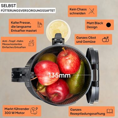 Потужні соковижималки для цілих фруктів Slow Juicer, жолоб подачі 135 мм, 300 Вт, сік холодного віджиму, горіхове молоко, шнекова соковижималка Fridja F2500