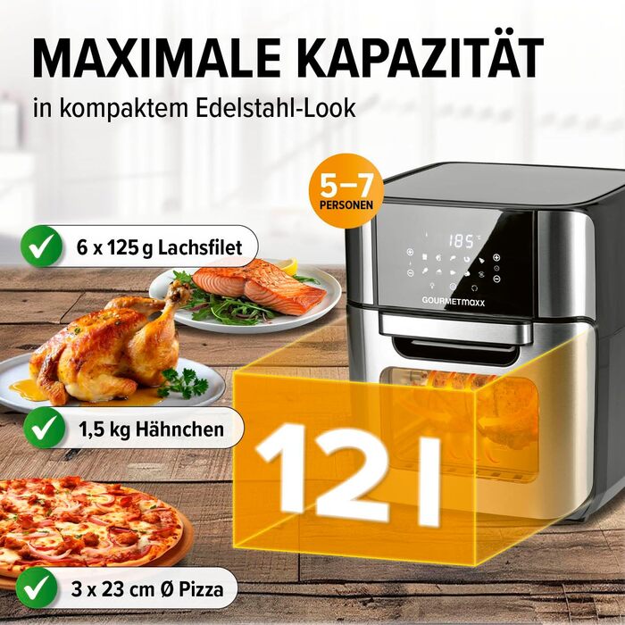 Цифрова фритюрниця GOURMETmaxx 12 л, духова шафа з нержавіючої сталі XXL Мультипіч таймер, сенсорний дисплей, гриль Нежирне, енергозберігаюче смаження 10 програм в т.ч. піца 1800 Вт нержавіюча сталь / чорний 12 літрів
