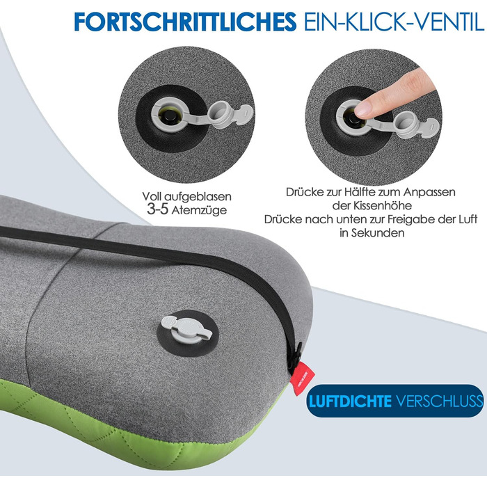 Надувна подушка для кемпінгу/подорожей HIKENTURE зі знімною наволочкою, ергономічна подушка для голови, зручна подушка для шиї для подорожей/використання на свіжому повітрі, надувна подушка для шиї для подорожей (зелена).